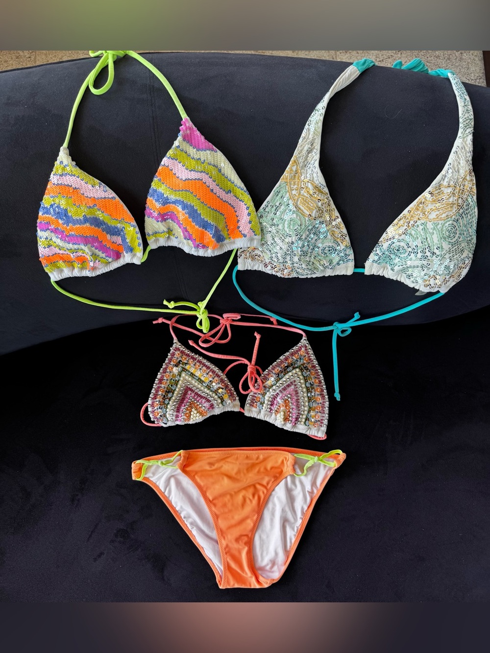 VICTORIA'S SECRET BIKINI BEADED RHINESTONE TOPS LOT of 3  M top & 1 Bottom S